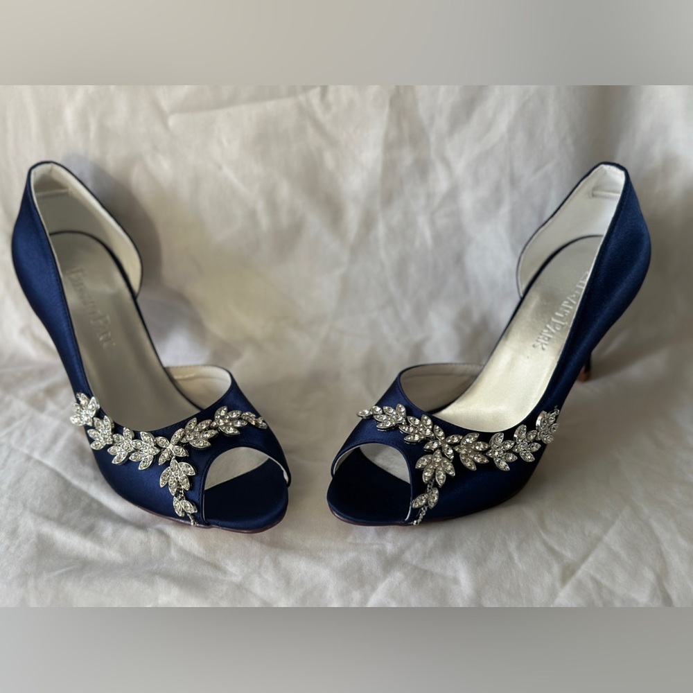 ElegantPark Navy Satin Rhinestone Glitter Bridal Wedding Pumps 3-1/4” Heel NWOT